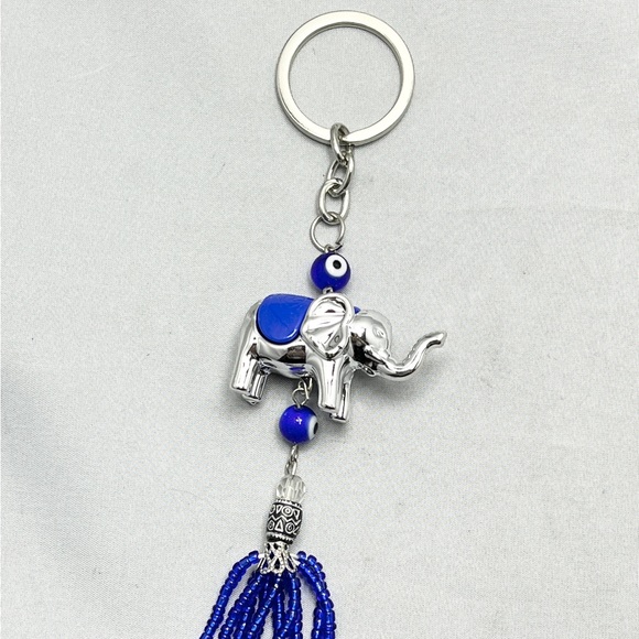 Elephant Blue Glass Evil Eye Beaded Tassel Keychain - Picture 4 of 5